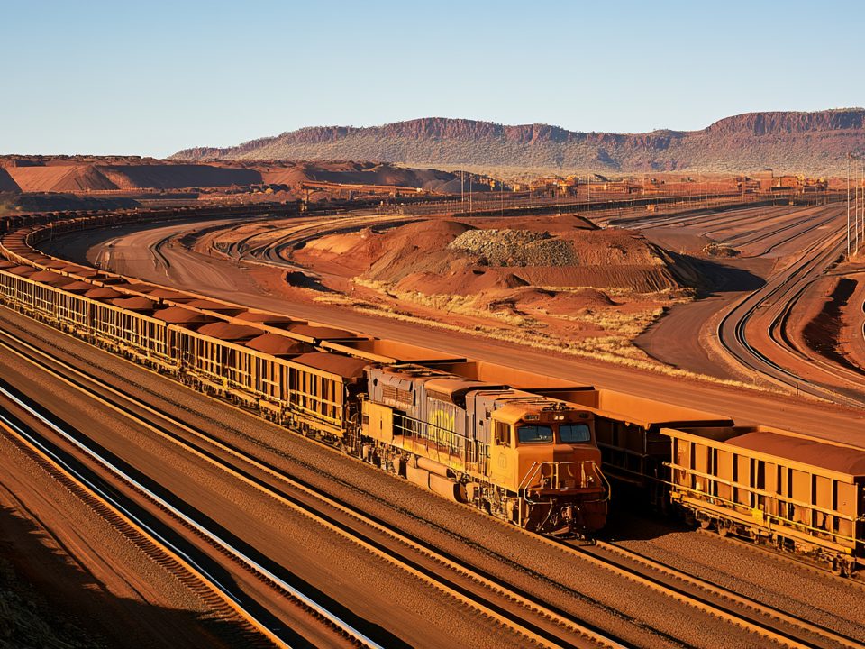 A loaded iron ore train alongside stockpiles at a Western Australian rail load-out.