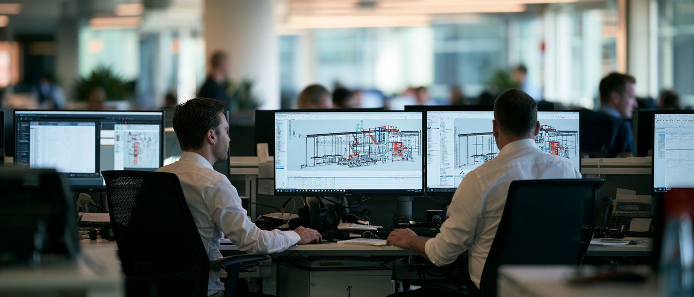 Engineers working at multi-screen CAD workstations in a design office.