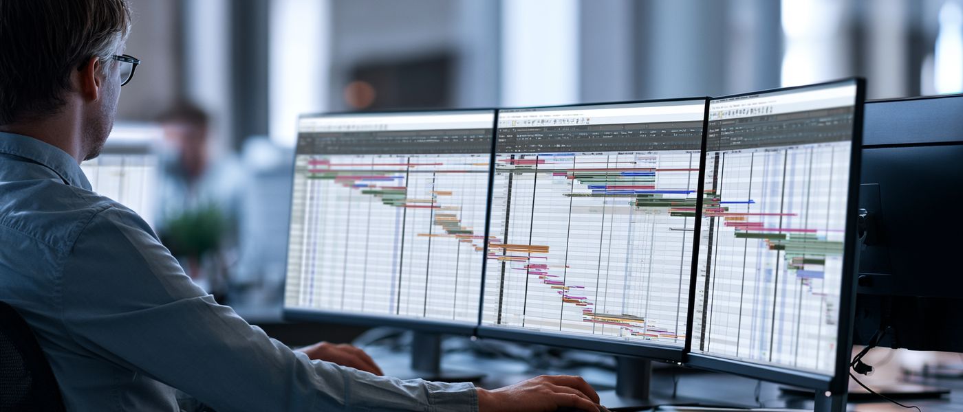 A project controls engineer reviewing a detailed construction schedule across multiple monitors.