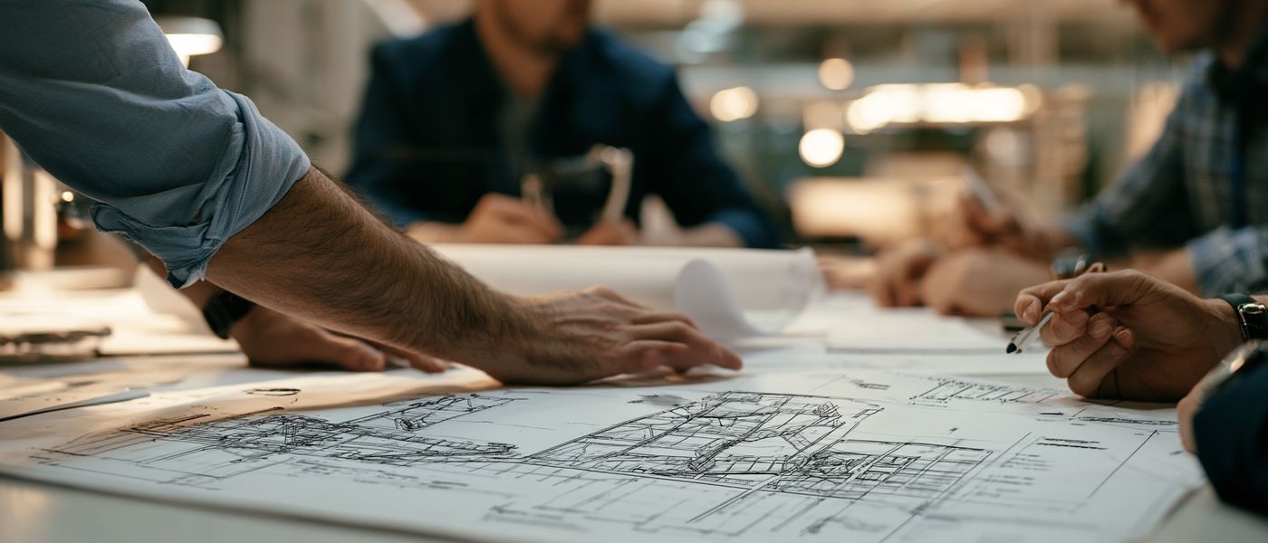 Concept engineering drawings spread across a meeting table during a study review.